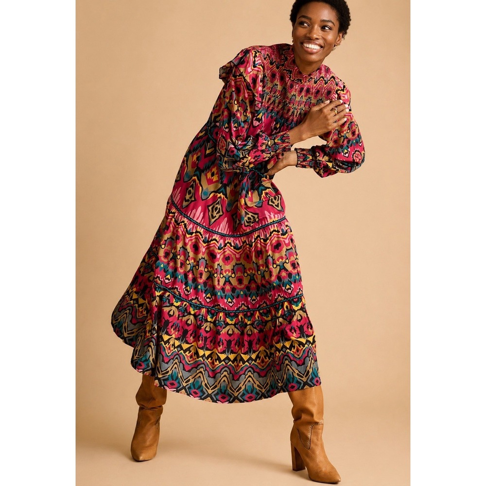Bl-nk Tiered Maxi Dress Boho Embroidered High Neck Sz S Anthropologie